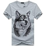 [クロム クレイン] 半袖 3Dプリント Tシャツ ウルフ プリント 狼 柄 カジュアル ストリート メンズ TSP001 (02 グレー,XL)