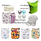 KADIWOW Baby Pack Pocket Washable Adjustable Cloth Diaper 6PCS + 6PCS 4 Layer Bamboo Inserts+ 4PCS B