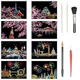 LIANHATA スクラッチアート 8枚入 スクラッチ極細ペン付き 20*14cm スクラッチペーパー レインボー絵 夜景 花火 観覧車 花畑 彫刻アート DIY 削るだけで美しいアート 部屋飾り (コンビネーションシリーズ)