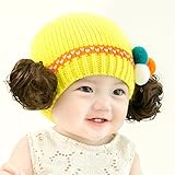ニット帽 赤ちゃん 5カ月 ～ 3歳 子供ハット かつら ウィッグ 付き ポンポン 伸縮性がある ヘアバンド ヘアアクセサリー 防寒防風対策 出産祝い プレゼント (Yellow)