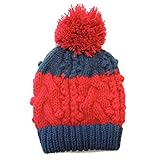 ( YUNA ） ユナ キッズ ボーイズ ガールズ　手編み ビック ボンボン ツイスト リブ編み ボーダー デザイン　ニット帽　48～58cm くらい まで　（　レッド ) ニット帽 キッズ ベビー 