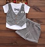 Wanghongセットアップ　ベビー　男の子　2点セット　Tシャツとズボン　半袖　ベスト　チェック柄　子供服　キッズ　赤ちゃん　フォーマル スーツ　上下セット　リボン　出産祝い　セレモニー　結婚式　七
