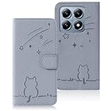 Rosbtib Xiaomi 14T ケース 手帳型 シャオミ14T ケース 流れ星子猫 シャオミ 14T ケース 可愛い 猫柄 ねこ Xiaomi 14T 5G ケース 耐衝撃 Xiaomi 14T スマホケース オシャレ 軽量 耐久性 スタンド機能 カード収納 PUレザー 内蔵マグネット 着脱しやすい Xiaomi 14T カバー 6.67インチ対応（グレー）