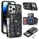 for iPhone 14 Pro ケース アイホン 14Pro 背面フリップ 手帳型 360°回転 Case SunYoo for iPhone14 Pro ICカード コインポケット ストラップ付き カード 収納 小銭入れ ファスナーポケット付き 豹柄 ヒョウ柄 ブラック