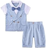 ZOEREA(ゾエレア) ロンパース 半袖　フォーマル ベビースーツ　ネクタイ付き　男の子 紳士服　 結婚式 誕生日　パーティー 七五三 記念日　上下セット　青色　灰色