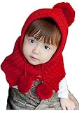 ケープ 赤ずきんちゃん風 ポンチョ 型 ニット 帽子 ベビー 子供　ボンボン付き 頭 首元 肩 まで あたたかい フード (赤)