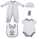(ナーサリー・タイム) Nursery Time 赤ちゃん・ベビー用 モンキー ベビー服 5点 ギフトセット 男の子 (新生児) (ホワイト/ブルー)