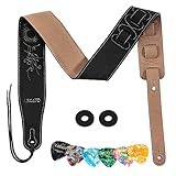 [LEKATO] ギターストラップ ベース ストラップ エレキギター ストラップ ピック 6枚 ロック 6cm幅 長さ調節可能 コンフォート素材 ファイン・エンブロイダリー ブラック/黒