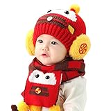 Liebeye 帽子+スカーフ　ベビー　ガールズ　ボーイズ　ウィンターフェイク　ぬいぐるみ　ウォームキャップ　ビーニー　パイロット　アビエーターイヤーフラップ 46-52cm レッド