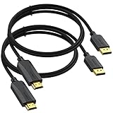 薄型DisplayPortからHDMIケーブル 3フィート 2個パック 4Kディスプレイポート DP - HDMIケーブルアダプターオスコード、金メッキ編組UHD(4K、2K、1080P)ビデオとオーディオをサポート、DPからHDMIモニターへの信号を変換。