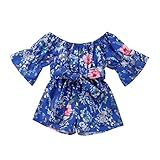 ロンパース 女の子 ジャンプスーツ ワンネックブラウス 5点スリーブ 花柄 ショーツ ベルト 子供服 80 90 100 110 120（6〜24ヶ月 2〜5歳） (3-4歳, ブルー)