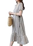 [ジャンーウェ] 綿麻 マキシワンピ 妊娠服 半袖 マタニティ ワンピース ロング丈 産前産後 体型カバー カジュアル ストライプ　写真通りL