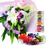 花とスイーツ ギフトセット 豪華 ユリ ピンクバラ 花束 と はちみつとクリームチーズのフルーツケーキ6個 写真入りメッセージカード