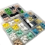 Kissteether DIYシリコーンベビーテイニングネックレスキット3箱入り収納ケース完璧なベビーテザーギフト食品グレードのシリコーンTeether木製のビーズ離脱セーフティクラスプとクリエイティ
