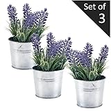 6インチ人工ラベンダー植物装飾、人工花とメタルプランターポット、セットの3