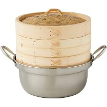 Amazon｜【かごや】竹 中華セイロ(蒸篭・蒸し器) 24cm ステンレス鍋付