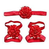 Elevin(TM) Newborn Baby Soft Handmade Flowers Barefoot Sandals and Headdress Three Suit (red) by Ele