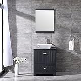 bathjoy 24 "ブラック浴室洗面化粧台キャビネットTop Squareセラミック容器シンク蛇口Drainコンボwithミラー洗面セット