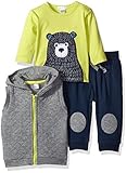 Petit Lem Baby Boys' Bear Top 3 Piece Set with Quilted Vest Forest 3 Months [並行輸入品]