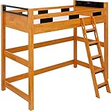 ロフトベッド 木製 クレイユロフト2 ハイタイプ180cm 静止物耐荷重300kg 低ホルムアルデヒド塗装 コンセント 宮棚 LED照明 天然木ラバーウッド材 シングル (ライトブラウン×ブラウン)
