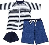 【Babystity】 男の子 水着 UPF50+ ボーダー柄 ラッシュガード 帽子 デニム柄 パンツ 80〜120cm(3点セット 100cm)
