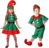 [ENDIANDUO] サンタ コスプレ 子供 緑のエルフ サンタクロース コスプレ 子供用 クリスマス 上下セット ワンピース ズボン サンタ 大人用 演出服 家族パーティー (男の子, 140)