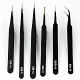 KRW ピンセット 帯電防止 ステンレス 6本セット 先曲がり 直ピンセット ツル首ピンセット