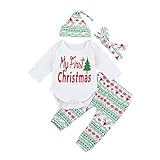 杜屋トヤ　クリスマス　新生児服　ベビー上下セット　My　First Christmas　かわいい長袖ロンパース　総柄パンツ　帽子　ヘアバンド　ルームウェア　赤ちゃん　プレゼント　0-18M