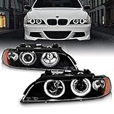 AmeriLite ブラックプロジェクター交換用ヘッドライトデュアルLEDハローセット 97-03 BMW 5シリーズ E39用 助手席と運転席側