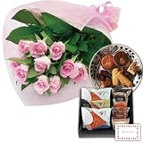 花とスイーツ ギフトセット エレガント ピンク バラ 花束 と ホテルオークラ　焼き菓子セレクト 写真入り・名入れメッセージカード