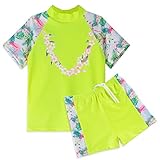 【水着子供用】女の子 ラッシュガード セパレー水着 半袖　ファッション　キュート 柔らかい　伸縮性　可愛い花柄　カラーステッチ 上下セット水着　スイミングスーツ (5-6歳(ラベル NO.6A), グ