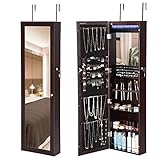 SONGMICS 18LED ジュエリーキャビネット ロック可能 壁 ドア取り付け ジュエリー戸棚 メイクアップオーガナイザー 47 3/8''H x 14 1/8''W x 4 7/8''D ブラウ