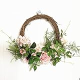 Liebeye 花輪 真似 造花 かわいい 布製 玄関飾り ガーランド ドア飾り 壁飾り 結婚式 ペンダント 家飾り おしゃれ ピンク バラ 35cm