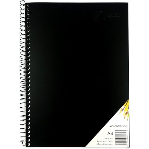 Quill, Visual Art Diary A4, 120 Pages, 110 GSM Cartridge Paper, Acid Free, Spiral Bound, Water Resistent Black Cover, Portrai