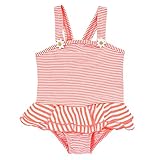 Girls お花モチーフ付きボーダー柄ワンピース水着 UPF50＋ (120/オレンジ) 【CN-SW020】 子供用 女の子 スイムウエア