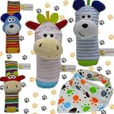 goodokay 4ピースベビー幼児ソフトトイ[ Cowと犬]動物手首ラトルと足Finder Developmental Soft Toy Set with Baby Cotton Bibs