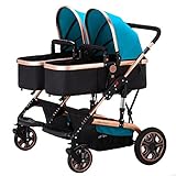 HUKOER　双子用ベビーカー　ダブル 両対面ベビーカー 折りたたみ式 通気性良い 物置袋付き (ブルー)