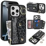 for iPhone 16 Pro ケース アイホン 16Pro 背面フリップ 手帳型 360°回転 携帯カバー for iPhone16Pro Case SunYoo ICカード コインポケット ストラップ付き カード 収納 小銭入れ ファスナーポケット付き 豹柄 ヒョウ柄 ブラック
