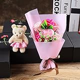 MINENA ソープフラワー 石鹸 花 バﾗ 花束 可愛い熊付き 香り付き ギフト プレゼント 父の日 誕生日 女性 (ピンク2)