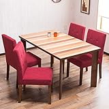 【木目を生かした北欧テイスト お洒落なダイニング5点セット (4人掛け用)】天然素材テーブル仕様 割れ・ゆがみが起こりにくい ガタツキ防止アジャスター付 優しいファブリックチェア 適度なクッション性 (テーブル ブラウン色・椅子 レッド色)