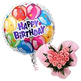 バルーンフラワー バルーンハート 浮かぶバルーン(バースデー)とハート型バラアレンジのセット 誕生日 記念日 開店祝い などに