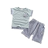 Pojour 夏 1-6歳キッズＴシャツ 可愛いシャツ 男女兼用　通気 綿 ストライプＴシャツ 上下セット グリーン(110cm)