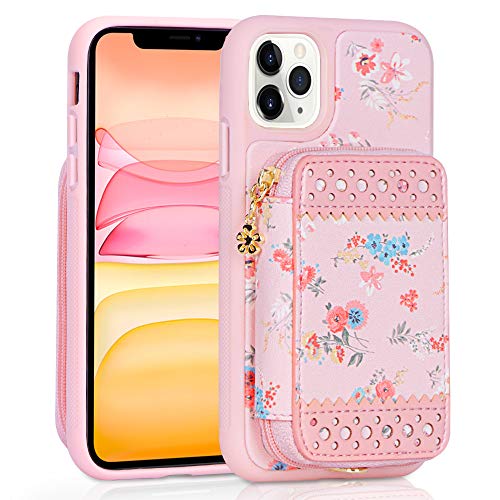 iPhone 11 Pro Max ケース アイフォン 11プロ マックスケース WWW 高級PUレザー スタンド機能 背面収納 カード入れ 小銭入れ ファスナーポケット 財布型 ストラップ付き 落下防止 花柄 スマホケース 2019年新型 iPhone 6.5インチ 対応 ピンク