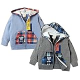 (チャコール/80cm)ベビー服 男の子 アウター フルジップ パーカー ジャケット 裏起毛 チェック柄切替 無地 ワッペン装飾 男児 ベビー