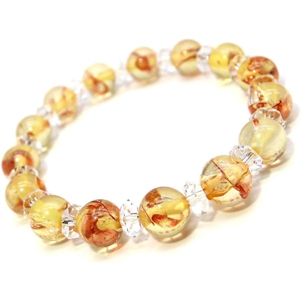 Amazon | [Agst-chi] 二代 花びら入り琥珀 丸玉 ブレスレット