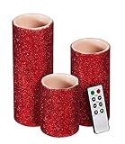 Red Glitter電池式フレームレスキャンドルLEDワックスピラーCandle w /リモート、セットの3