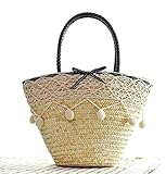ハンドバッグ　手編みバック 　カゴバッグ 　草編みバック　手提げかばん　　ベジュー色　刺繍付 　旅行 買い物　水泳 (ベジュー) [並行輸入品]