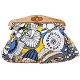 KILLYEDNA(キリーエドナ)木製口金クラッチバッグ・革紐ストラップ付(マッシュルーム・ブルー)