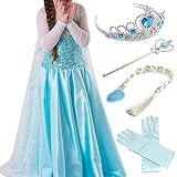 子供用 女の子 キッズ 衣装 ハロウィン コスチューム 女王 ドレス 5点セット (ドレス＋ティアラ＋三つ編み＋ステッキ＋グローブ) (100, ライトブルー)