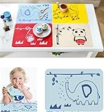漫画の動物の子供の赤ん坊の幼児防水ソフトシリコーンロールアッププレースマット、キッズ再利用可能な滑り止め昼食/夕食表マット、簡単にクリーンワイプ、キープ汚れオフ、BPAフリー - ブルーエレファント